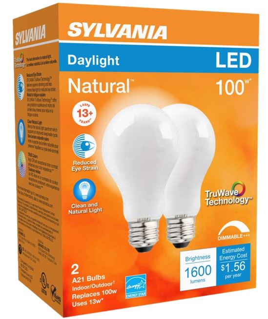 Sylvania 40753 Natural LED Bulb, General Purpose, A21 Lamp, 100 W Equivalent, E26 Lamp Base, Dimmable, Frosted - VORG1228170