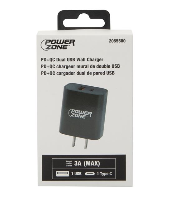 PowerZone CA-43AT PD+QC Dual USB Wall Charger, 100 to 240 V Input, 3 A Charge, Black - VORG2055580