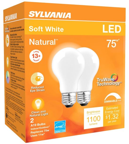 Sylvania 40750 Natural LED Bulb, General Purpose, A19 Lamp, 75 W Equivalent, E26 Lamp Base, Dimmable, Frosted - VORG1228147