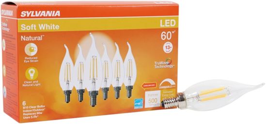 Sylvania TruWave Series 40773 LED Bulb B10 Lamp, B10 Lamp, 60 W Equivalent, E12 Candelabra Lamp Base, Dimmable, Clear - VORG1227743