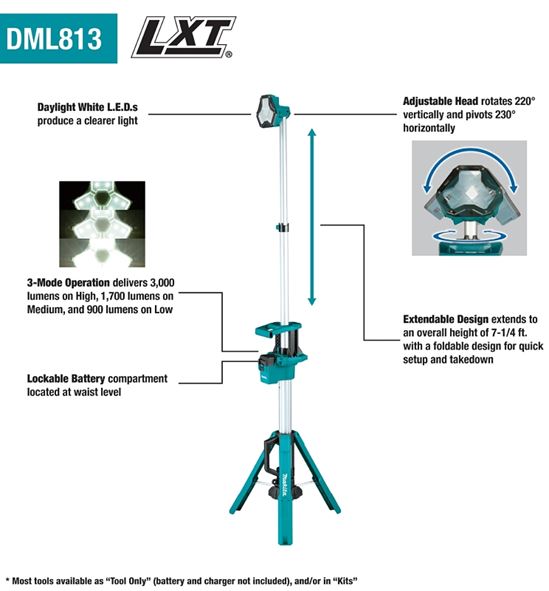 Makita DML813 Cordless Worklight Bare Tool, 18 V, Lithium-Ion Battery, LED Lamp - VORG0685818