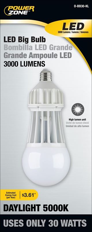 PowerZone O-BB30-KL LED Big Bulb, General Purpose, 175 W Equivalent, E26 Lamp Base, Daylight Light, 5000 K Color Temp - VORG9346677