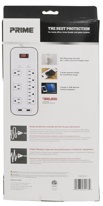 Prime PB523120 Surge Protector with USB Charger, 125 V, 15 A, 8 -Outlet, 2400 J Energy, White - VORG0474908