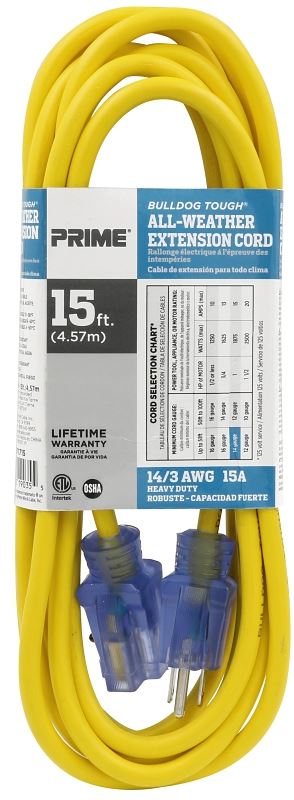 Prime LT511715 Extension Cord, 14/3 AWG Cable, 15 ft L, Yellow - VORG0474890