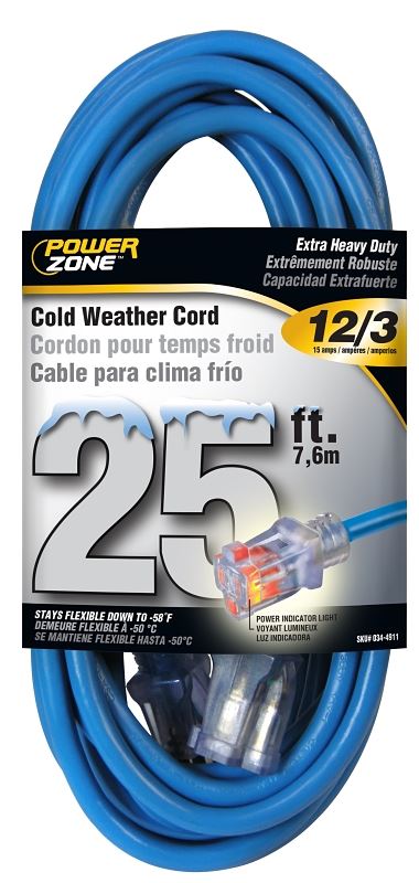 PowerZone ORCW511825 Extension Cord, 12 AWG Cable, 5-15P Grounded Plug, 5-15R Grounded Receptacle, 25 ft L, 125 V