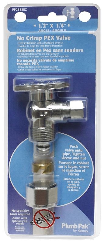 Plumb Pak PP2888EZ No Crimp Angle Stop Valve, 1/2 x 1/4 in Connection, PEX Barb x Compression, Brass Body - VORG5344270