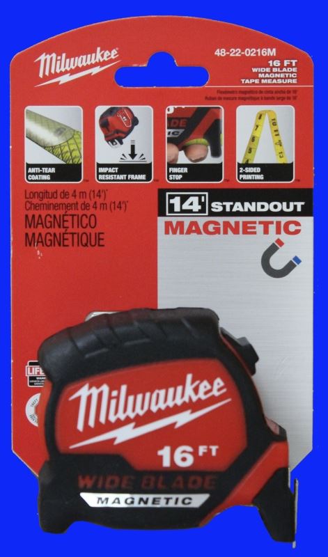 Milwaukee 48-22-0216M Tape Measure, 16 ft L Blade, 1-5/16 in W Blade, Steel Blade, ABS Case, Black/Red Case - VORG1384544