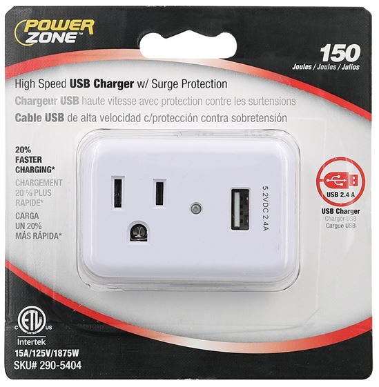 PowerZone ORUSB241S Surge Protector Tap, 2-Pole, 125 V, 15 A, 1-Outlet, 150 Joules Energy