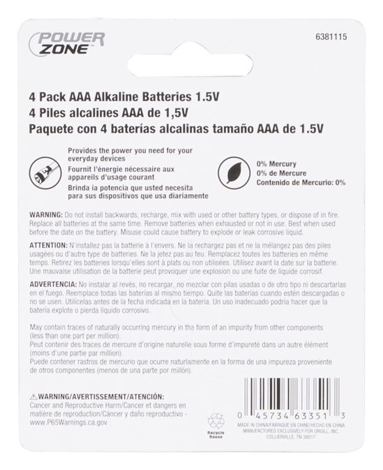 PowerZone LR03-4P-DB Battery, 1.5 V Battery, AAA Battery, Zinc, Manganese Dioxide, and Potassium Hydroxide, Pack of 22 - VORG6381115