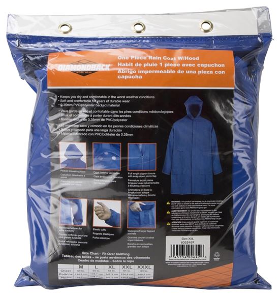 Diamondback 8156GRBXX Rain Parka, 2XL, PVC, Blue, Hooded Collar, Zipper with Snap Down Storm Flap Closure - VORG6035497