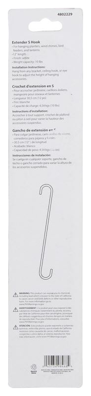 Landscapers Select GB0133L Extender S-Hook, 12 in H, Steel, White, Hanging Mounting - VORG4802229