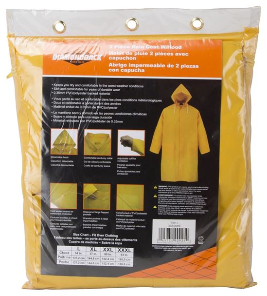 Diamondback PY-800L Raincoat, L, Polyester/PVC, Yellow, Comfortable Corduroy Collar, Double Fly Snap Closure, Knee - VORG3465689