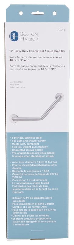 Boston Harbor YG01-01-1.5 Grab Bar, 16 in L Bar, Stainless Steel, Wall Mounted Mounting - VORG7146418