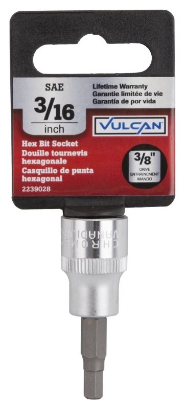 Vulcan Fractional Hex Bit Socket, Chrome, 3/16 in, 3/8 in Drive, 1-7/8 in OAL - VORG2239028