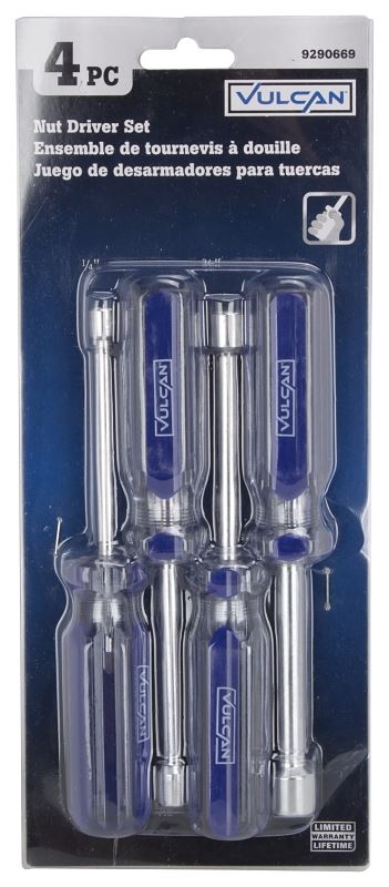 Vulcan JLO-040 Nut Driver Set, 4-Piece, Carbon Steel, Chrome, Transparent & Blue (Handle) - VORG9290669