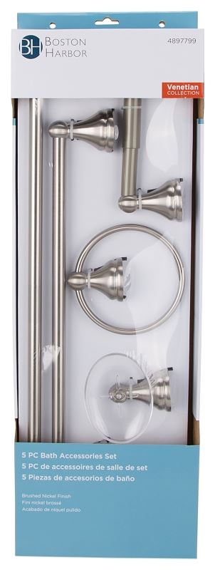 Boston Harbor L5000-BN Bath Accessory Set, Brushed Nickel, Brushed Nickel, 5-Piece, For: Bathroom - VORG4897799