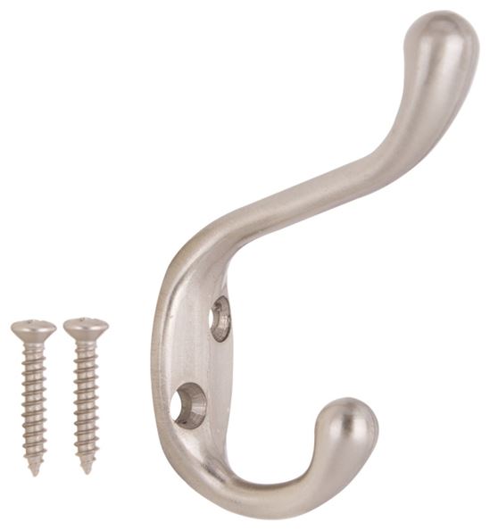 ProSource H6271007SN-PS Coat and Hat Hook, 22 lb, 2-Hook, 1-1/64 in Opening, Zinc, Satin Nickel