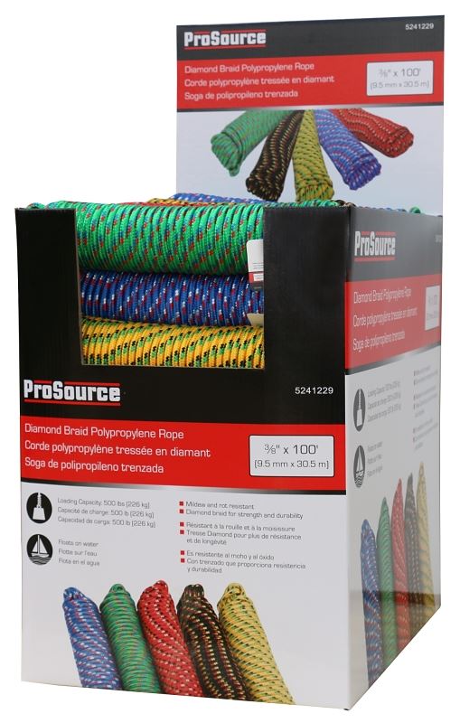 ProSource 706036-PDQ Rope, 3/8 in Dia, 100 ft L, 244 lb Working Load, Polypropylene, Black/Blue/Green/Red/Yellow, Pack of 48 - VORG5241229