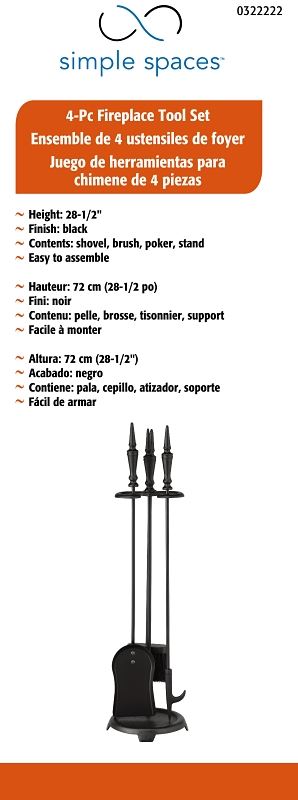 Simple Spaces T40100BK-C3L Fireplace Tool Set, Black, 4-Piece - VORG0322222