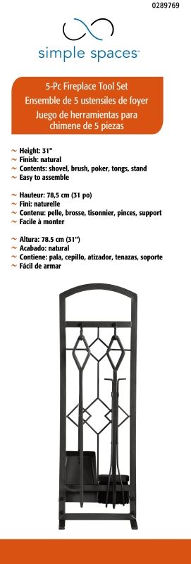 Simple Spaces CPO61147NN3L Fireplace Tool Set, Tools with Stand, Steel, Natural, Powder Coated, 5-Piece - VORG0289769