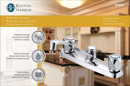 Boston Harbor OMETQO1235CP-LF Kitchen Faucet, 1.8 gpm, 3-Faucet Hole, Metal/Plastic, Chrome Plated, Deck Mounting - VORG9939158