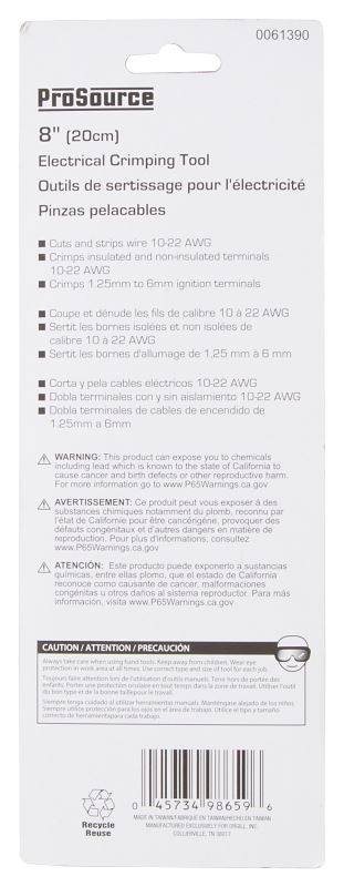 ProSource JL-SST-401183L Cable Crimper, 10 to 22 AWG Wire, 10 to 22 AWG Stripping, 10 to 22 AWG Cutting Capacity - VORG0061390