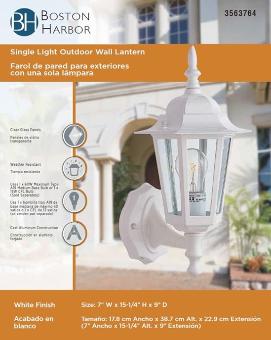 Boston Harbor AL8041-WH3L Outdoor Wall Lantern, 120 V, 60 W, A19 or CFL Lamp, Aluminum Fixture, White - VORG3563764