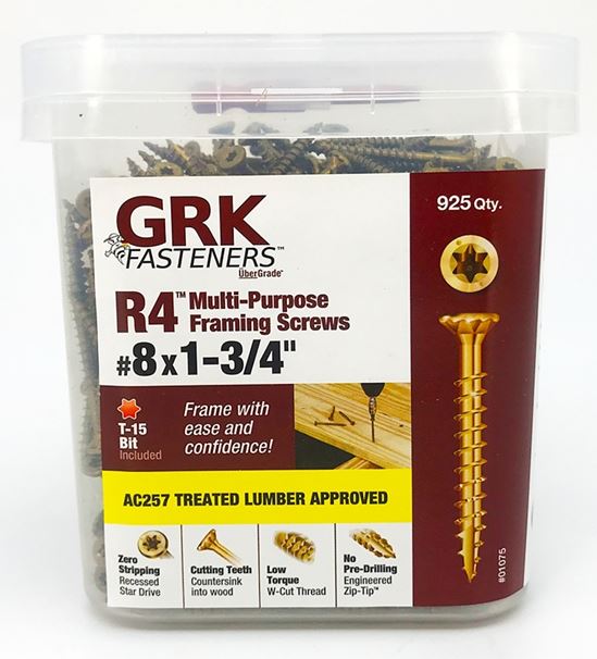 GRK Fasteners R4 01075 Framing and Decking Screw, #8 Thread, 1-3/4 in L, Star Drive, Steel, 925 PAIL - VORG7214299