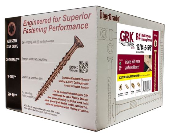 GRK Fasteners R4 00173 Framing and Decking Screw, #12 Thread, 5-5/8 in L, Round Head, Star Drive, Steel, 600 BX - VORG5377965