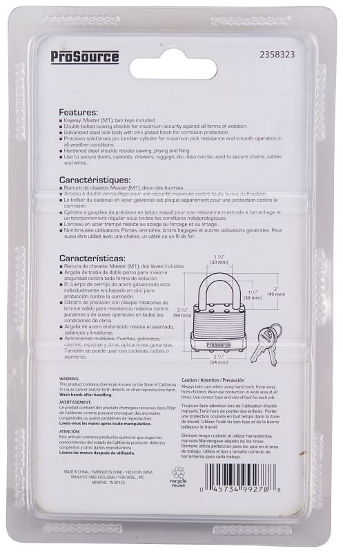 ProSource HD00030-3L Padlock, Standard Shackle, 7/16 in Dia Shackle, 2 in H Shackle, Steel Shackle, Steel Body - VORG2358323