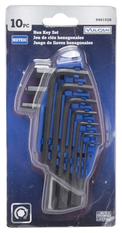 Vulcan TW-050-03 Hex Key Set, 10-Piece, Chrome Vanadium Steel, Black, Specifications: Short Arm, Metric Measurement - VORG9461526