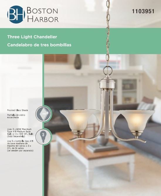 Boston Harbor 1571-3C Chandelier, 120 V, 60 W, 1-Tier, 3-Lamp, A19/CFL Lamp, Metal Fixture - VORG1103951