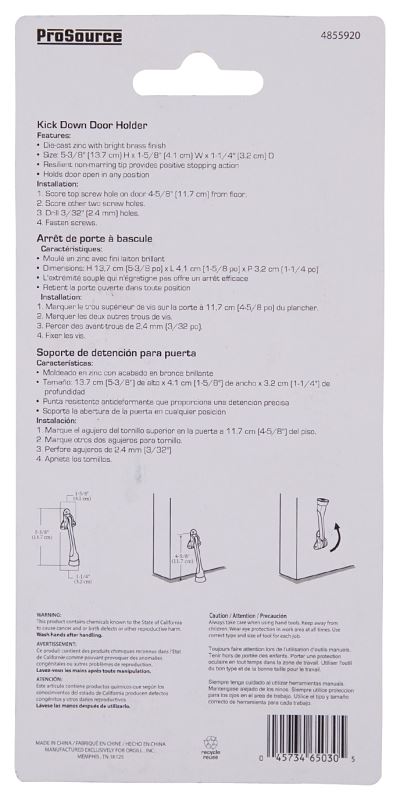 ProSource CL-230BB-PS Door Holder, 5-3/8 in L, 1-5/8 in W, 2 in H, Attaches to Door Mounting, Rubber/Zinc, Brass - VORG4855920