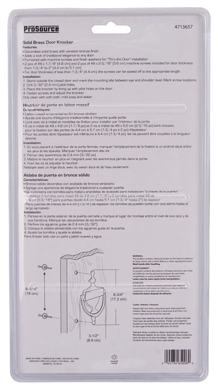 ProSource HR4004VB-PS Door Knocker, Brass, Venetian Bronze, 6-5/16 in Mounting Hole Center to Center - VORG4713657