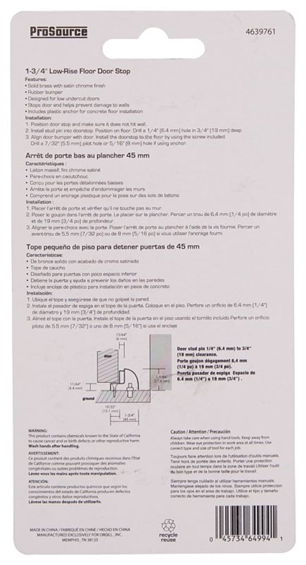 ProSource HR2006SC-PS Door Stop, 1-3/4 in Dia Base, 1-3/4 in Dia Base x 1-5/64 in H Projection, Brass - VORG4639761