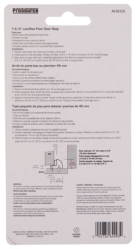 ProSource HR2006PB-PS Door Stop, 1-3/4 in Dia Base, 1-3/4 in Dia Base x 1-5/64 in H Projection, Brass - VORG4638326