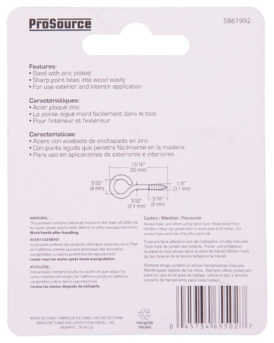 ProSource LR-226-PS Screw Eye, 2.4 mm Dia Wire, 3.1 mm Thread, 5/16 in L Thread, 13/16 in OAL, 36 lb Working Load, Steel - VORG5861992