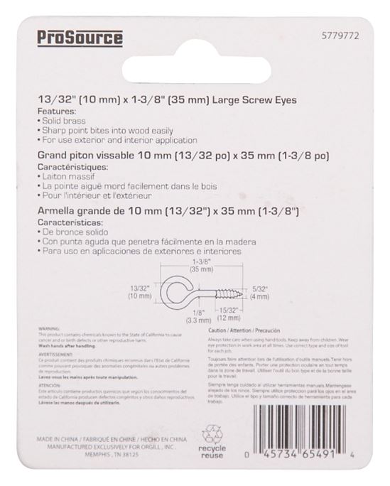 ProSource LR-242-PS Screw Eye, 4 mm Dia Wire, 4 mm Thread, 15/32 in L Thread, 1-3/8 in OAL, Brass, Brass Plated - VORG5779772