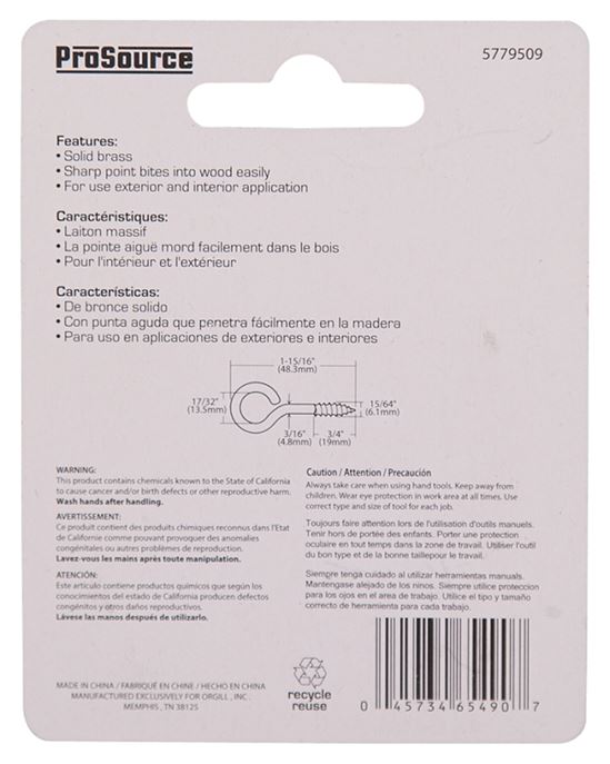 ProSource LR-240-PS Screw Eye, 4.8 mm Dia Wire, 6 mm Thread, 3/4 in L Thread, 1-15/16 in OAL, Brass, Brass Plated - VORG5779509