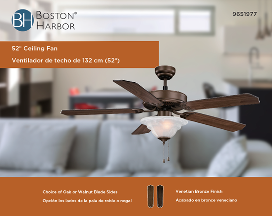 Boston Harbor Ceiling Fan, 5-Blade, Oak/Walnut Blade, 52 in Sweep, MDF Blade, 3-Speed, With Lights: Yes - VORG9651977