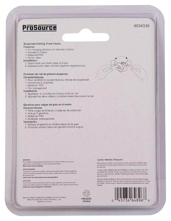 ProSource GB72733-PS Ceiling Track Hook, 1.5 in L, 0.35 in H, PVC, Clear, Wall Mount Mounting - VORG4034336