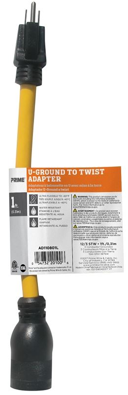 Prime AD110801L U-Ground to Twist Adapter, 15 A, 125 V, 1 -Outlet, Yellow - VORG9970385