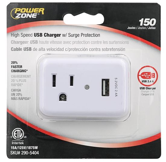 PowerZone ORUSB241S Surge Protector Tap, 2-Pole, 125 V, 15 A, 1-Outlet, 150 Joules Energy - VORG2905404