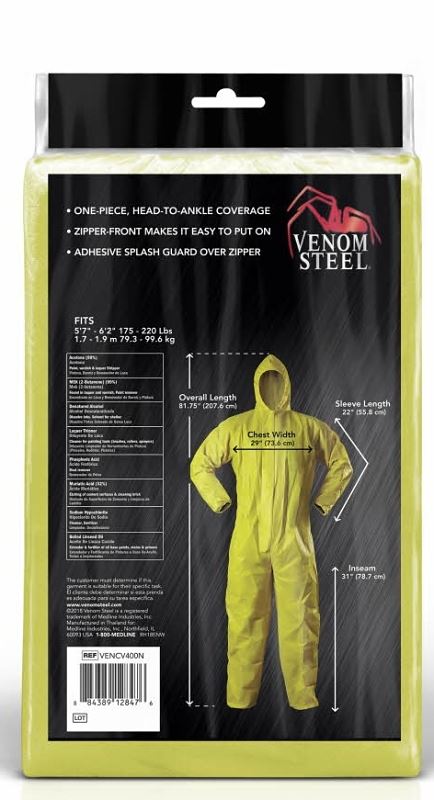Venom Steel VENCV400 Chemical Splash Coveralls, L, XL, Unisex, Zipper, Polyethylene/Polypropylene, Yellow - VORG7457757