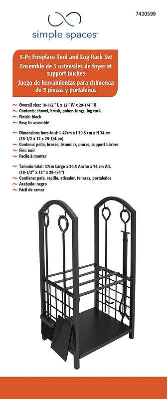 Simple Spaces T88091BK Fireplace Log & Took Rack Set, 12 in W, 29-1/4 in H, Steel Base, Powder Coated, Black - VORG7420599