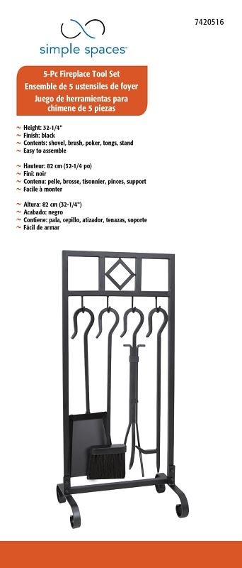 Simple Spaces T58993BK Fireplace Tool Set, Tools with Stand, Steel, Black, Powder Coated, 5-Piece - VORG7420516