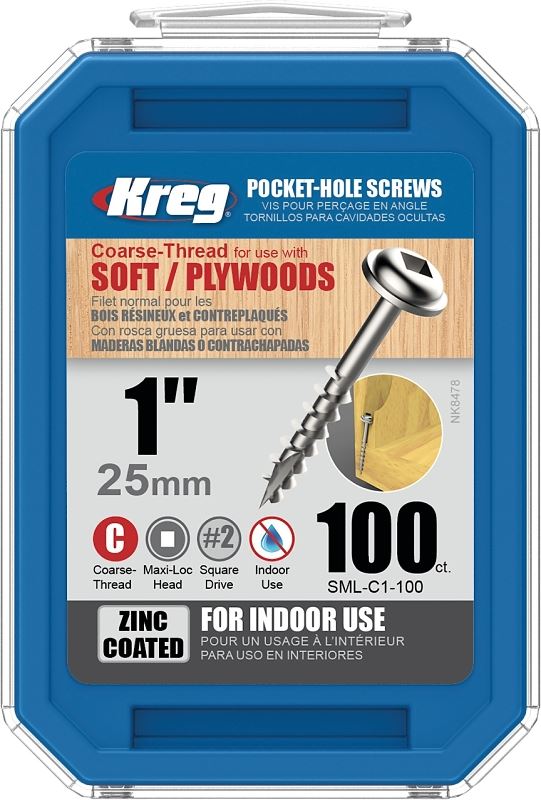 Kreg SML-C1 - 100 Screw, 1 in L, Coarse Thread, Maxi-Loc Head, Square Drive, Self-Drilling Point, Steel, Zinc, 100 PK