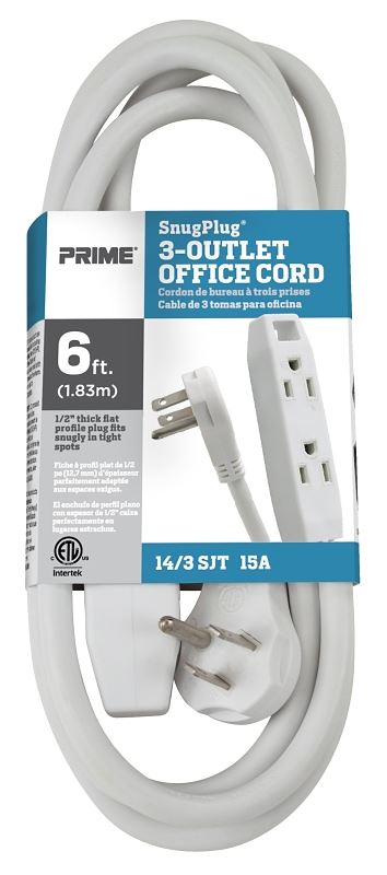 Prime SnugPlug EC930706K Extension Cord, 14/3 AWG Cable, 6 ft L, 15 A, 125 V, White