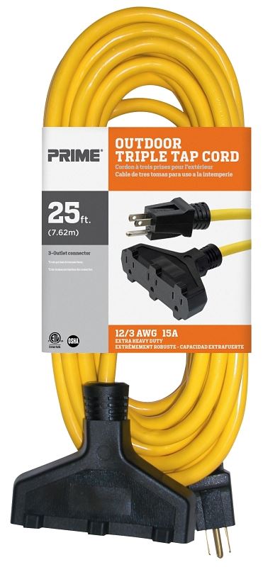 Prime EC600825 Extension Cord, 12/3 AWG Cable, 25 ft L, 15 A, 125 V, Yellow