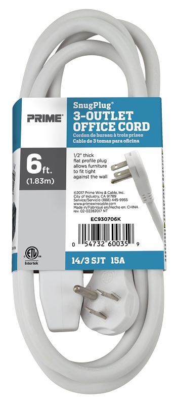 Prime SnugPlug EC930706K Extension Cord, 14/3 AWG Cable, 6 ft L, 15 A, 125 V, White - VORG4172417